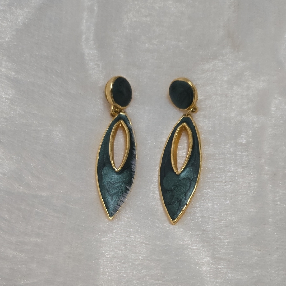 Gold-Edged Dark Teal Drop Earrings - Women Jewelry